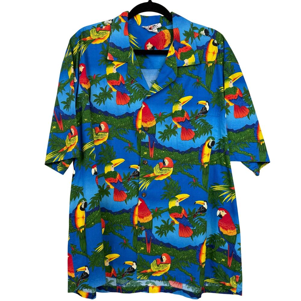 Pacific Legend Hawaiian Shirt 2XL Parrots Tropical Beach Party Luau Tucan Bird